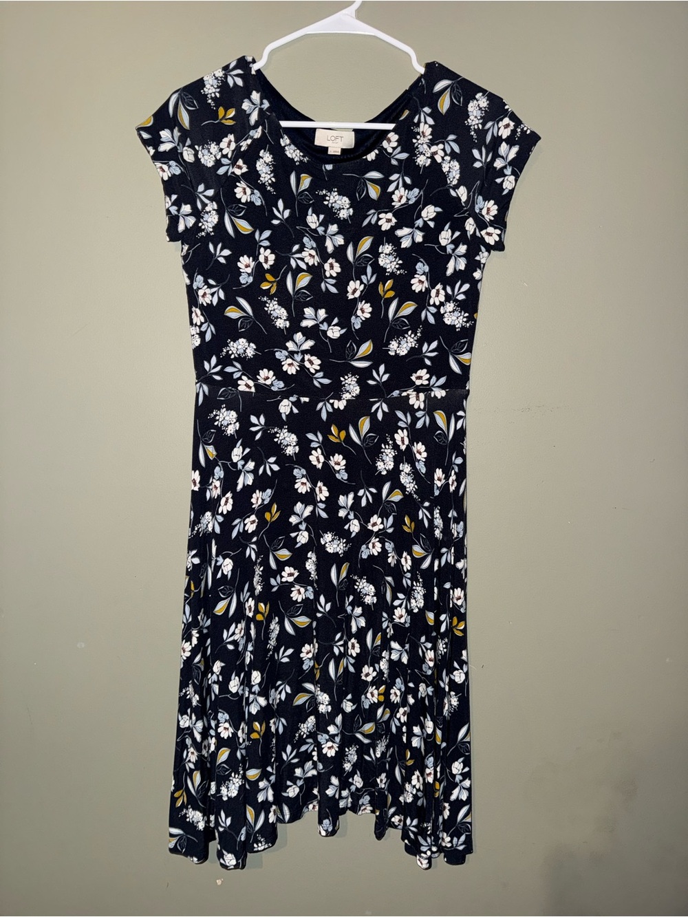 LOFT Black Floral Short-Sleeve Fit & Flare Dress with White and Mustard Print